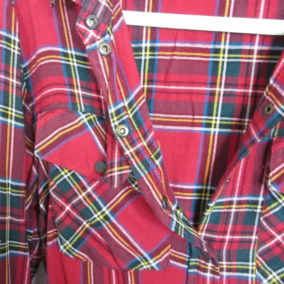 Sanctuary Red Plaid Button-Up Boyfriend Long Sleeve Snap Shirt Size Medium - Picture 5 of 7